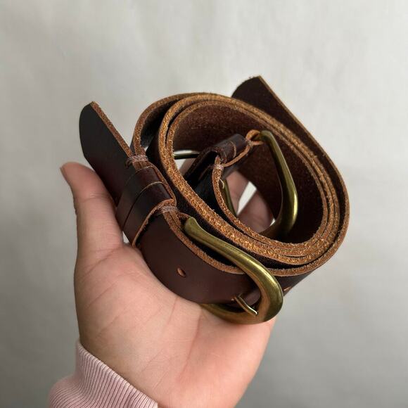 BDG M/L Belt Double Buckle Gold Tones Brown Leather - Picture 1 of 6